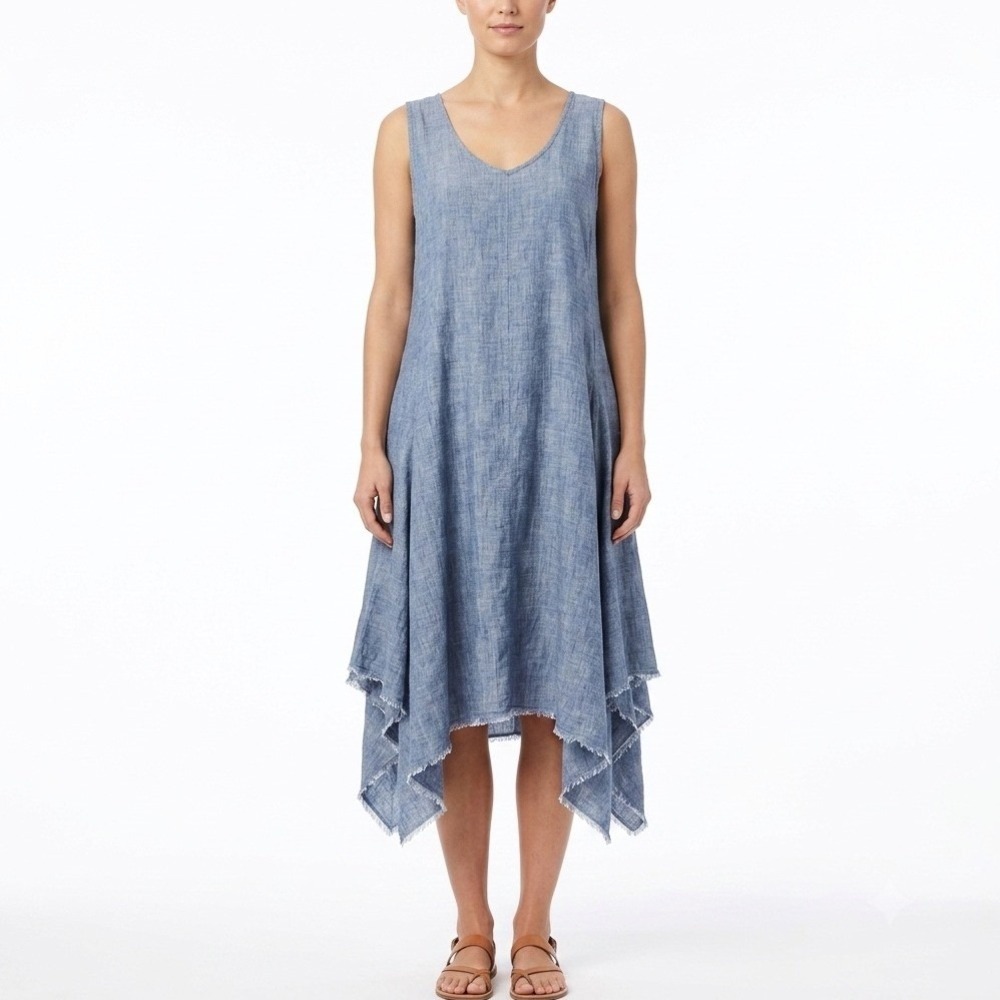 Yuvita Linen Dress Womens Medium Blue Sleeveless Lagenlook Handkerchief Hem